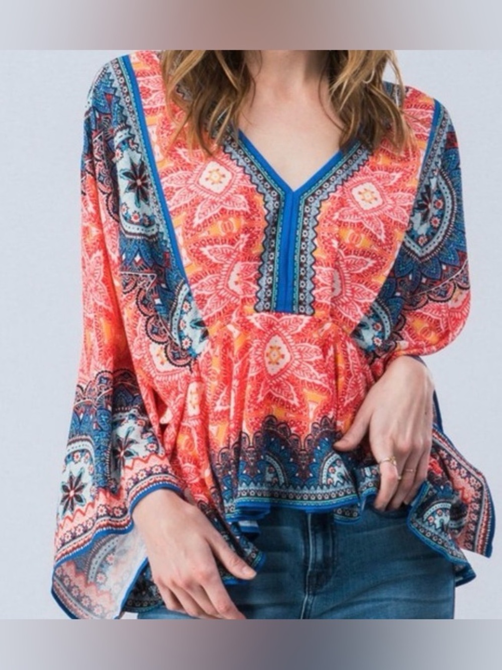 Flying Tomato Bohemian Coral and Blue V-Neck Bell Sleeve Top